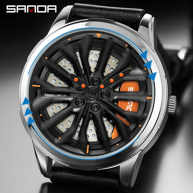 SANDA P1063 2023 Mens Rim Hub Watch Wheel Wristwatches Clock Sport Car Creative 360 Spinning Male Wrist Watches Reloj De Hombre