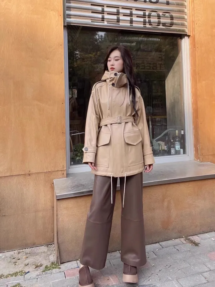 Herbst Winter Frauen Echtes Leder Jacke Oversize Mit Kapuze Casual Windjacke BF Stil Lose Fit Echt Schaffell Medium Langen Mantel