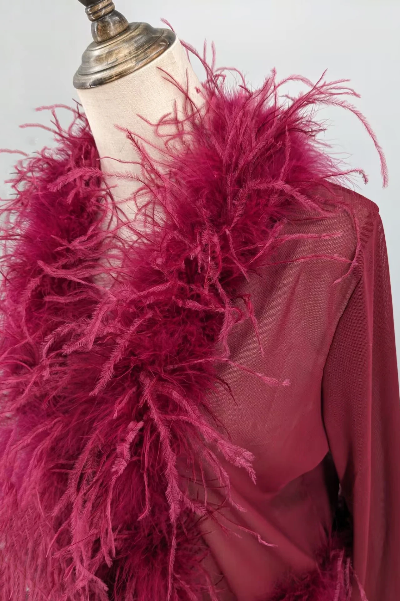 Women See-Through Top with Real Ostrich Feather Brown Black Cropped Jacket Top Bolero 240711