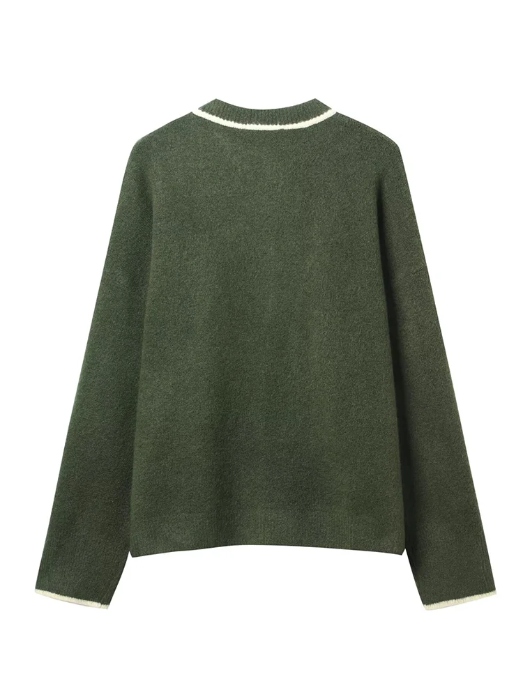 Cardigan de malha casual feminino o pescoço único breasted contraste malhas 2025 outono inverno chique senhoras moda outerwear