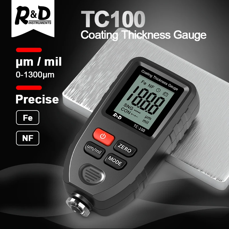 

R&D TC100 Coating Thickness Gauge 0.1micron/0-1300 Car Paint Film Thickness Tester Measuring FE/NFE Russian Manual Paint Tool