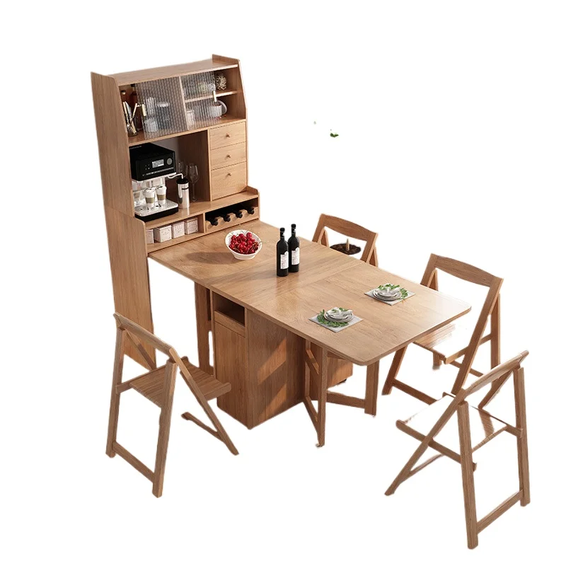 

Dining side cabinet, one table and four chairs combined into one, multi-functional foldable solid wood table