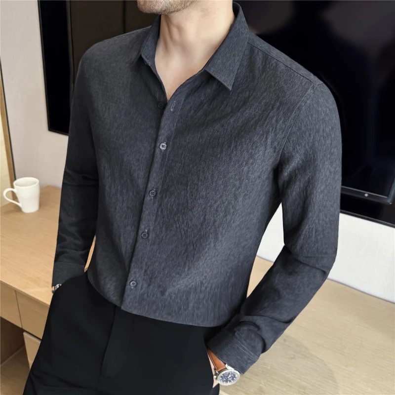 England Style Men's Long Sleeve Lapel Shirt Autumn Breathable Button Up Business Men Shirts Fashion Casual Social Mens Clothing