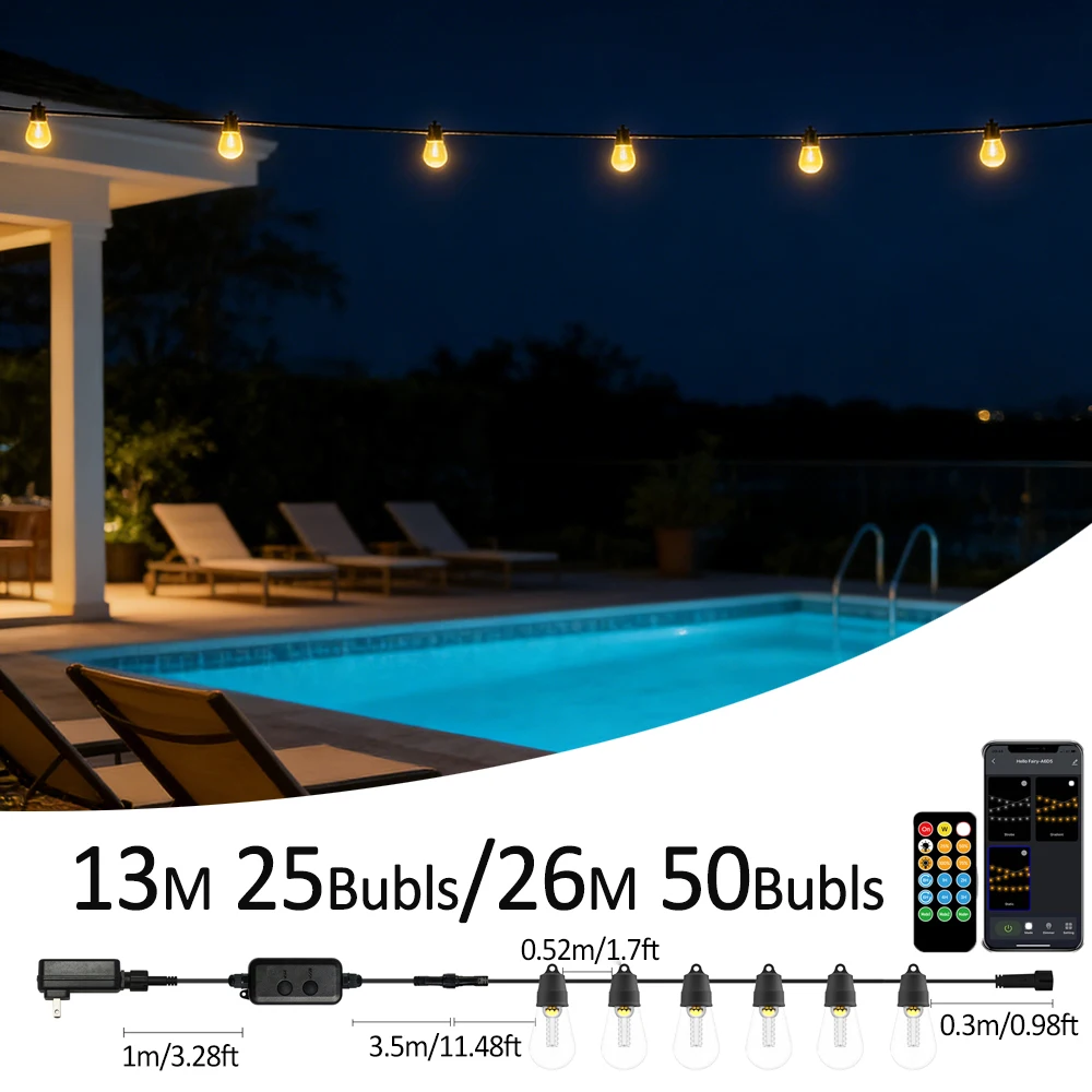 s14電球ストリングライト、リモコンとアプリ制御付き、調光可能、温白色、ip65防水、屋外パティオ、ガゼボ照明用