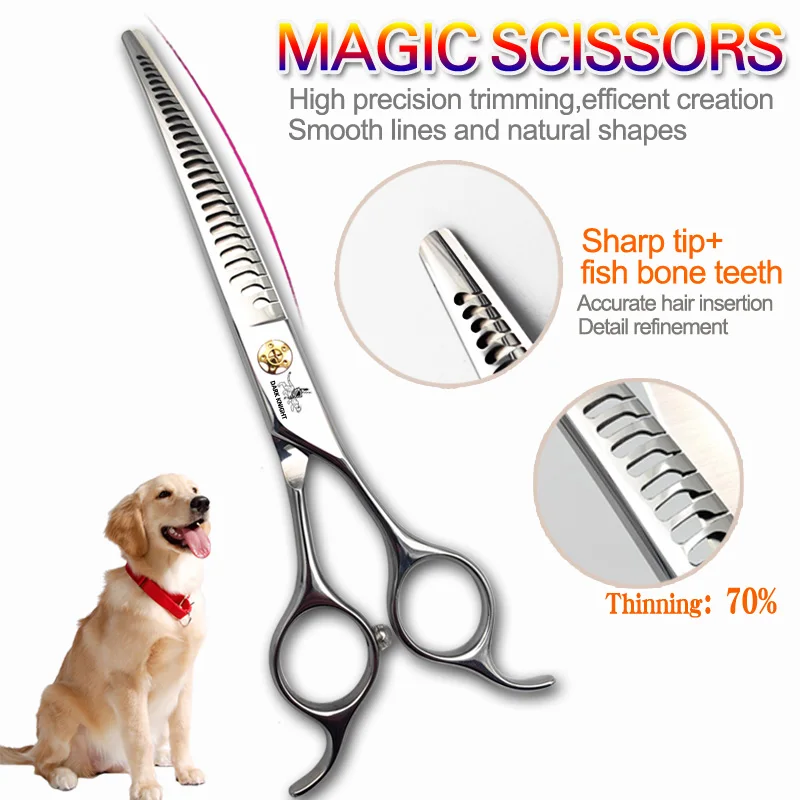 Cat Dog Round Head Trimming, Curved Teeth Cutting Fishbone 7' Magic Scissors, Pet Grooming Professional Scissors, 440C Steel