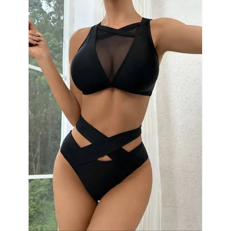 

Cikini Swim Basics Summer Beach Contrast Mesh Crisscross Bikini Set Solid Color Sexy Swimwear Bathing Suit For Women
