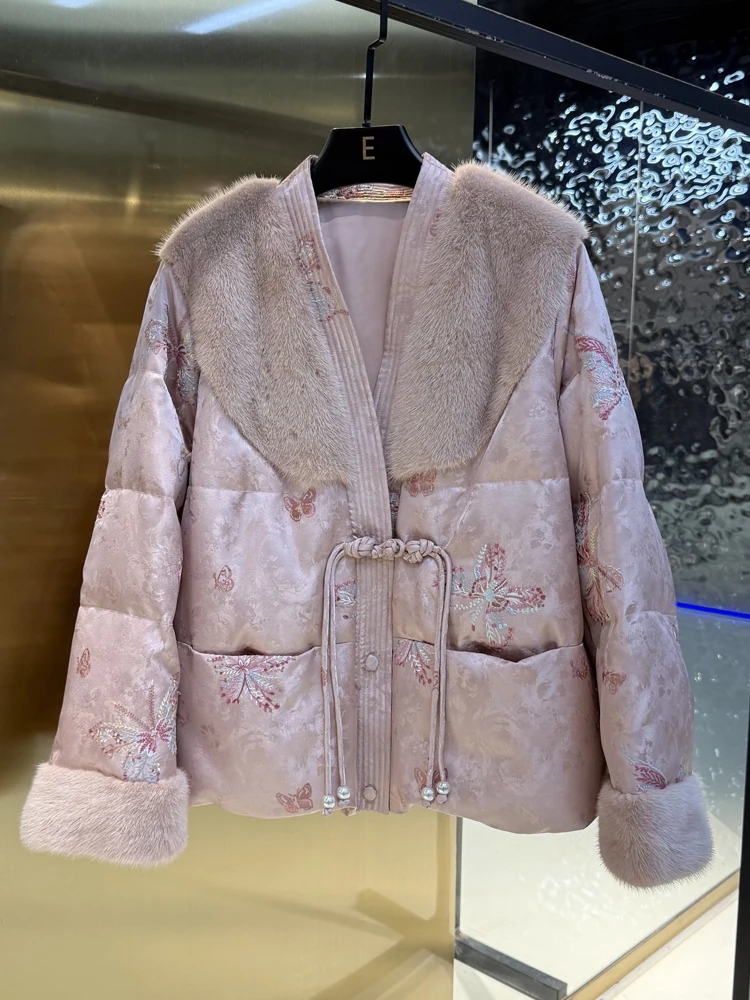 

New 2025 Winter Goose down Jacket Embroidery Mink Fur Slimming V-Neck Chinese Style Outerwear Long Sleeve Short Coat