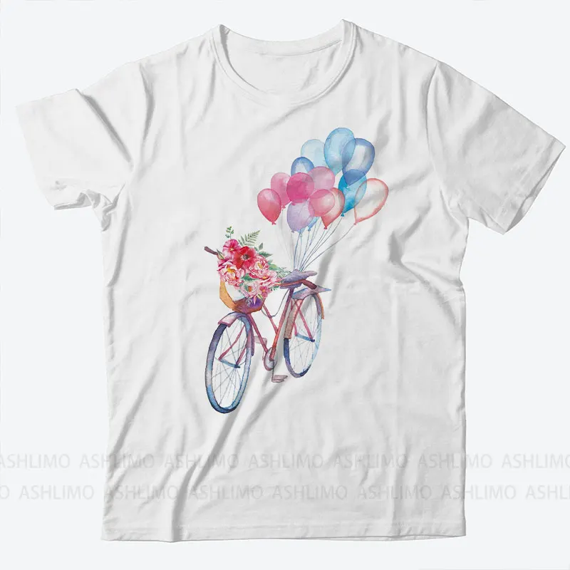 

Beautiful Balloon Bike Print Women T-Shirts Casual Breathable Soft Short Sleeve Tops Loose Comfortable Street Clothes