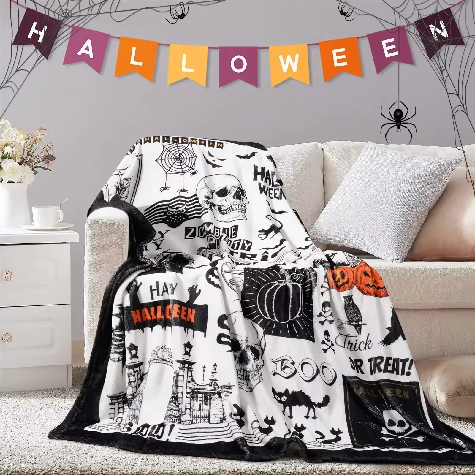 2026 New Halloween Flannel Throw Blanket Newspaper Collage Skull Ghost Castle Web Ghost Cat Print Soft Warm Bed Blanket kids