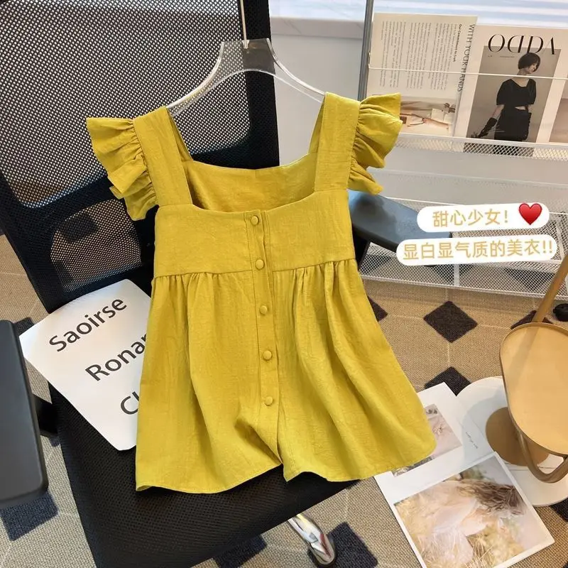 Ruffles Button Sleeveless Off Shoulder Simplicity Sweet Blouse Summer Loose All-match Korean Shirts Fashion Sexy Women Clothing