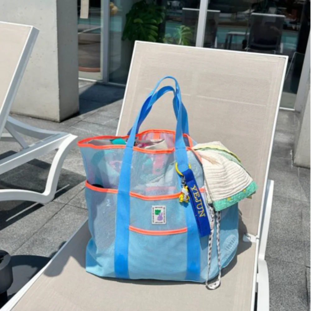 Women Transparent Mesh Single Shoulder Winder Bag Fashionable Portable Shopping Travel Beach Mesh Net Tote Handbag
