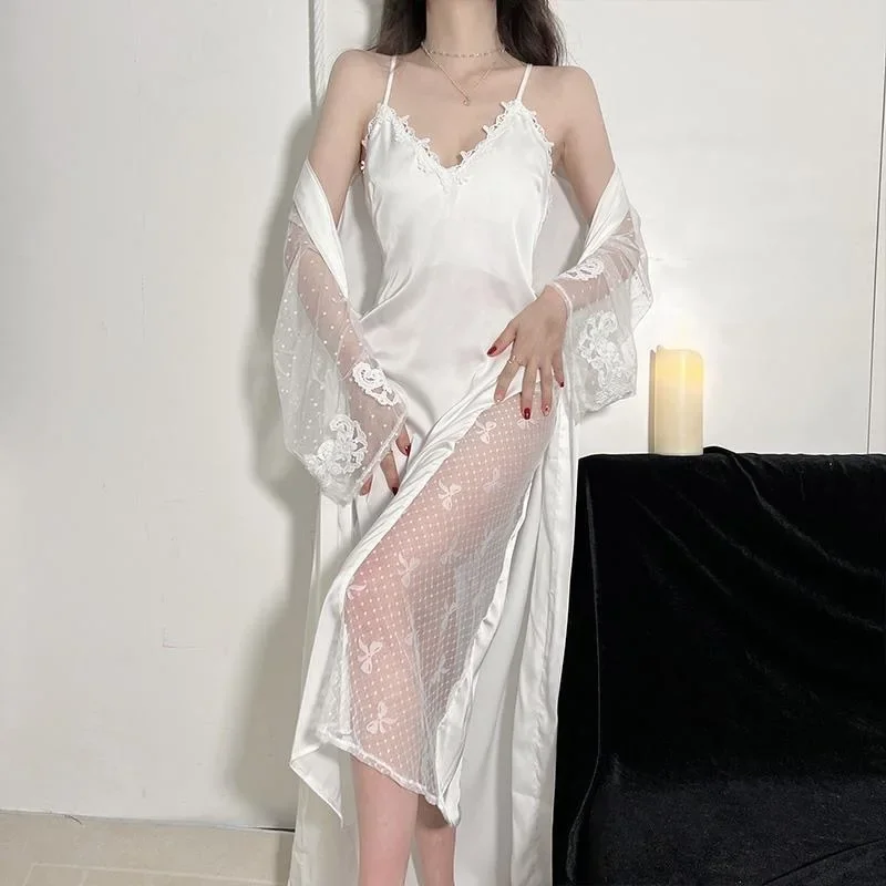 V-Neck Bride Bathrobe Gown Suit Women Long Kimono Robe Set Sexy Sleepwear Nightsuits Lace Hollow Out Nightgown Loungewear