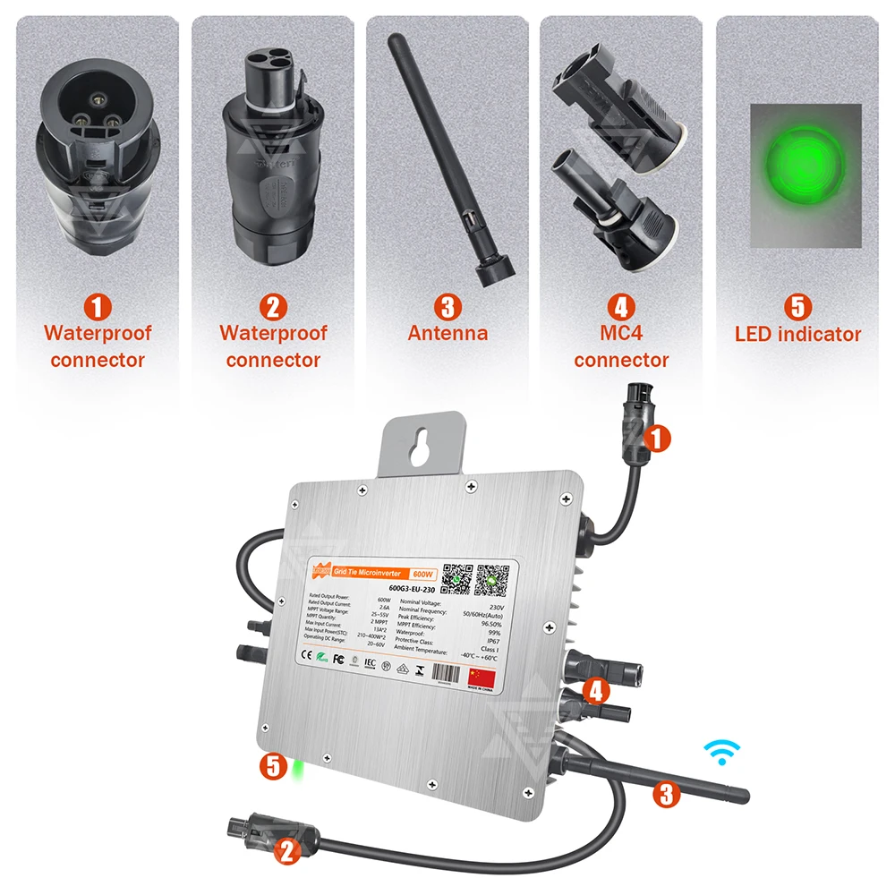 Deye 600 W Solar-Grid-Tie-Wechselrichter 20–60 V DC zu AC 230 V, zwei MPPT IP67 integriertes WLAN, Versand aus EU-Grid-on-Smart-Mikrokonverter – Detail 9