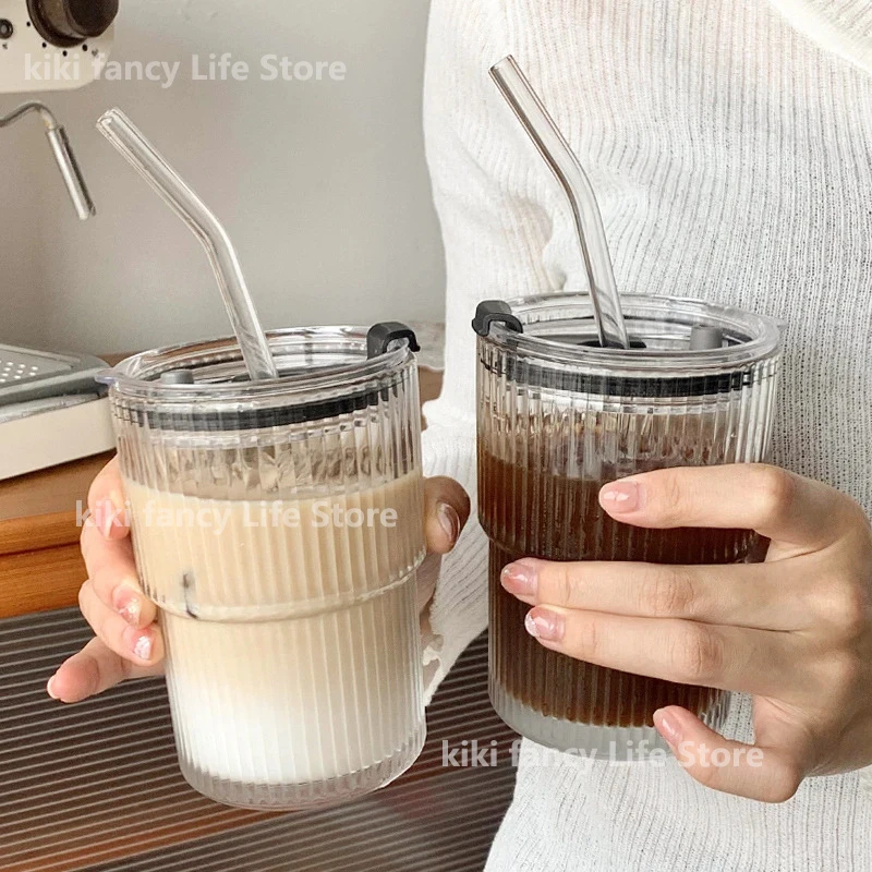 450ml Simple Stripe Coffee Glass Cup With Lid and Straw Transparent Bubble Tea Cup Juice Glass Milk Mocha Cups Breakfast Mug