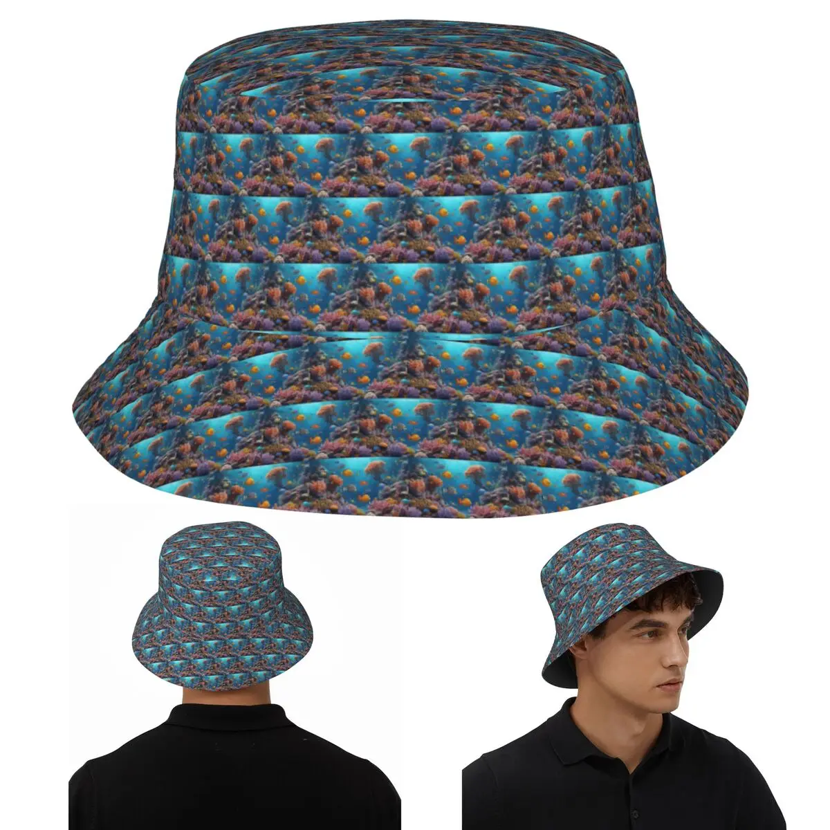 العالم تحت الماء مع الشعاب المرجانية الاستوائية الأسماك قبعة بحافة بنما قبعة الأطفال بوب صياد القبعات لصيد الأسماك رجل امرأة