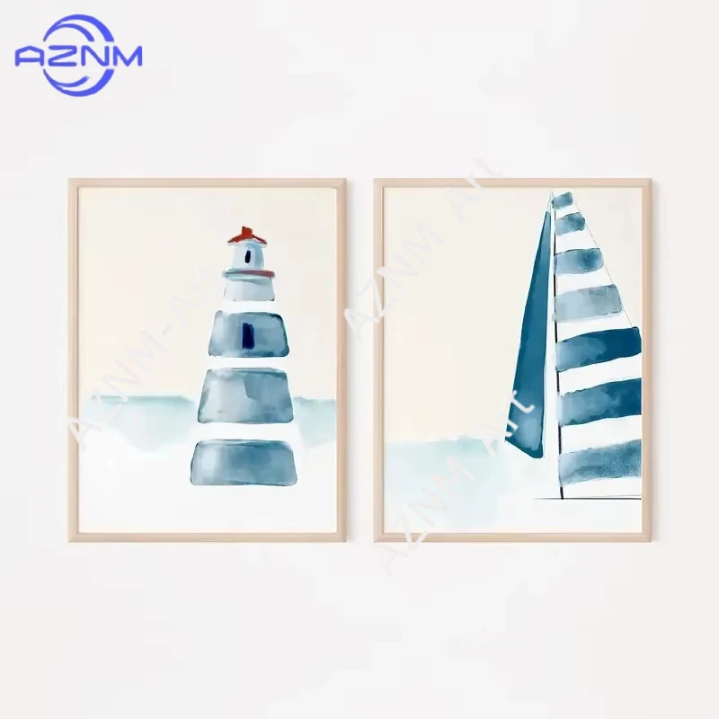 1/2 Stück Vintage Blauer Stil Leinwand-Poster Sommer Strand Kunstposter Wandkunstdruck für Modernes Wohnzimmer Studentenzimmer Heim-Dekoration