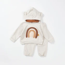 2024 New Baby Boys Outfits Set Long Sleeve Bear Ear Rainbow Pullover Hoodie Sweatshirt Pants 2PCS Kids Girls Clothing Suit 0-4Y