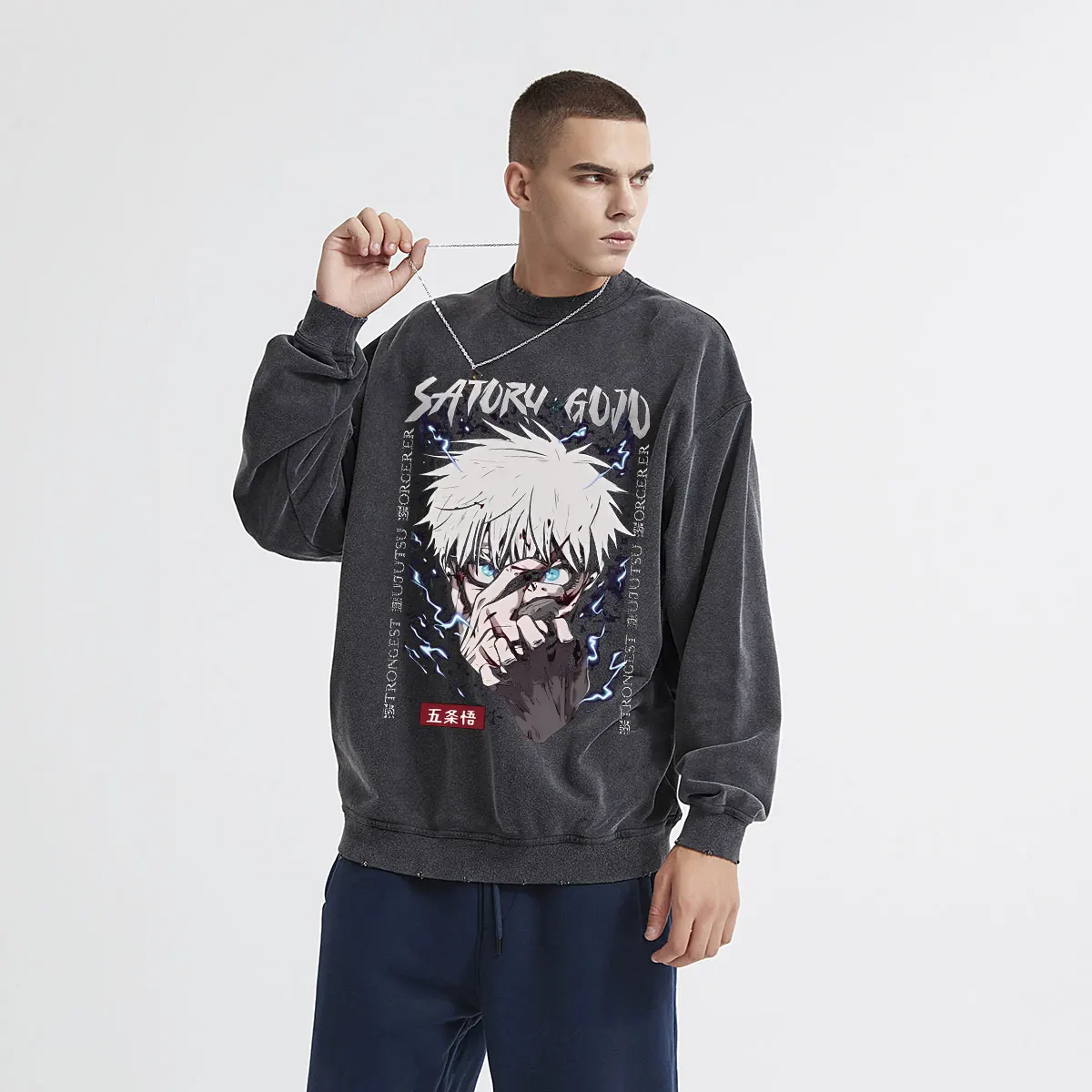 Anime Jujutsu Kaisen Round Neck Washed Pullover Casual 100% Cotton Men Women Hip Hop Harajuku Streetwear Vintage Sweatshirt