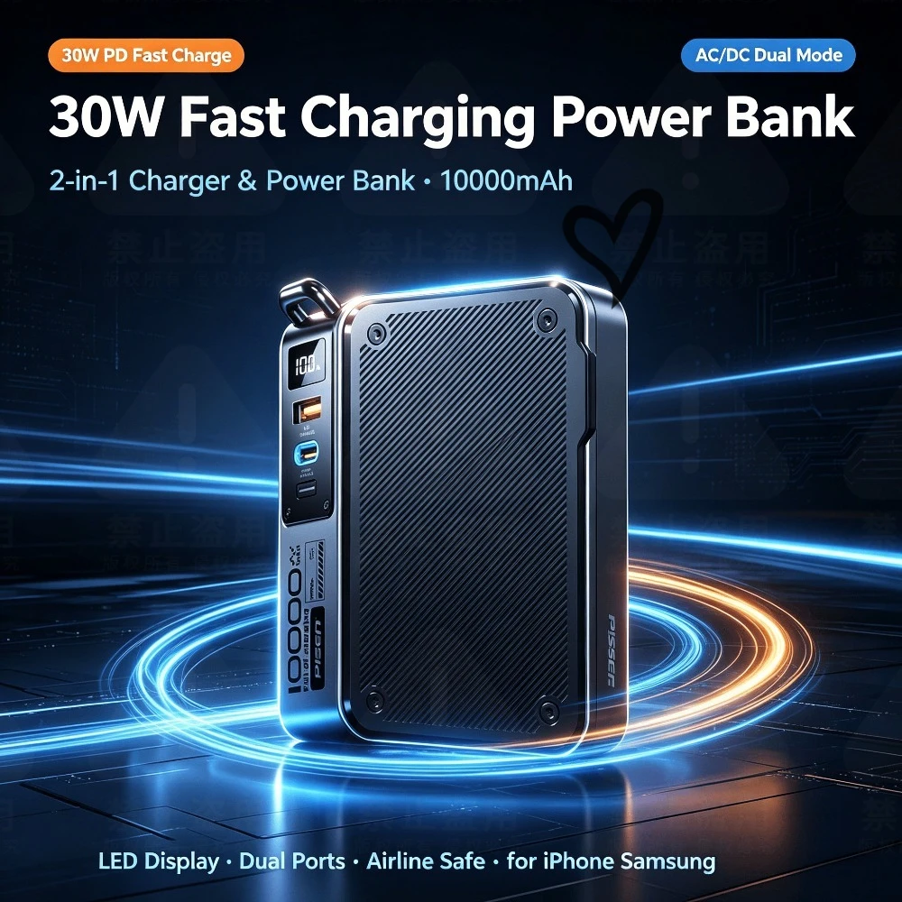 30W Fast Charging Power Bank 10000mAh 2-in-1 Wall Charger &  AC/DC Dual Mode LED Display Dual Ports for iPhone Samsung Laptop