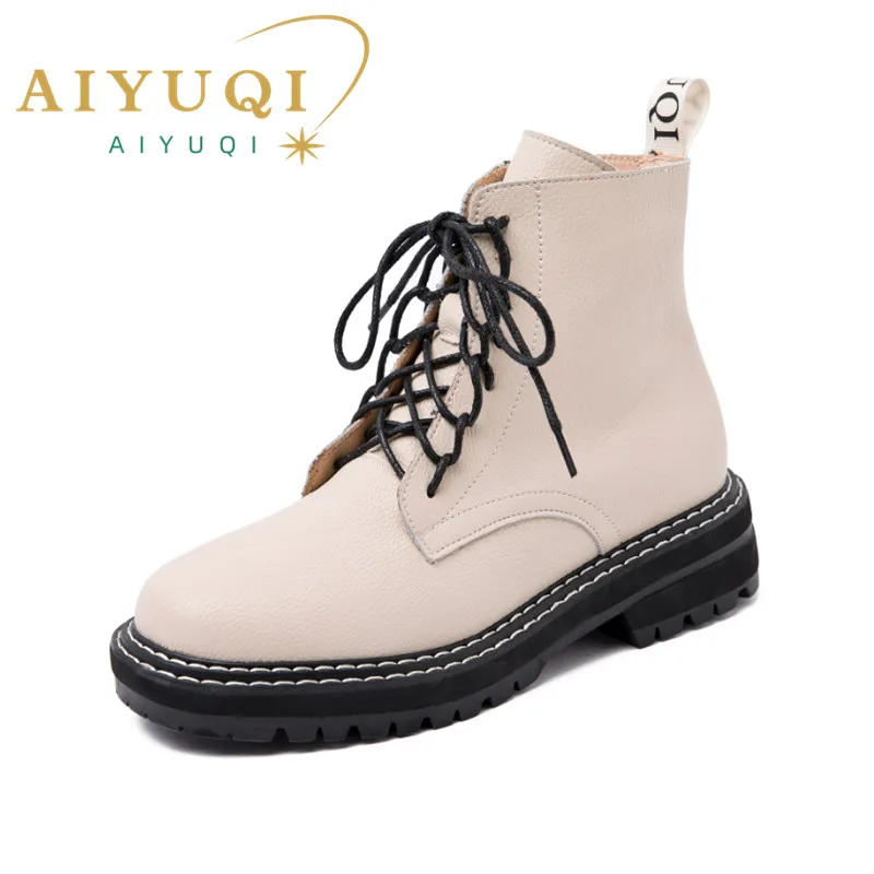 AIYUQI Women Shoes Boots Ankle 2024 Autumn British Wind Genuine Leather Thick With Fur Ladies Short Boots Motorcycle Marton