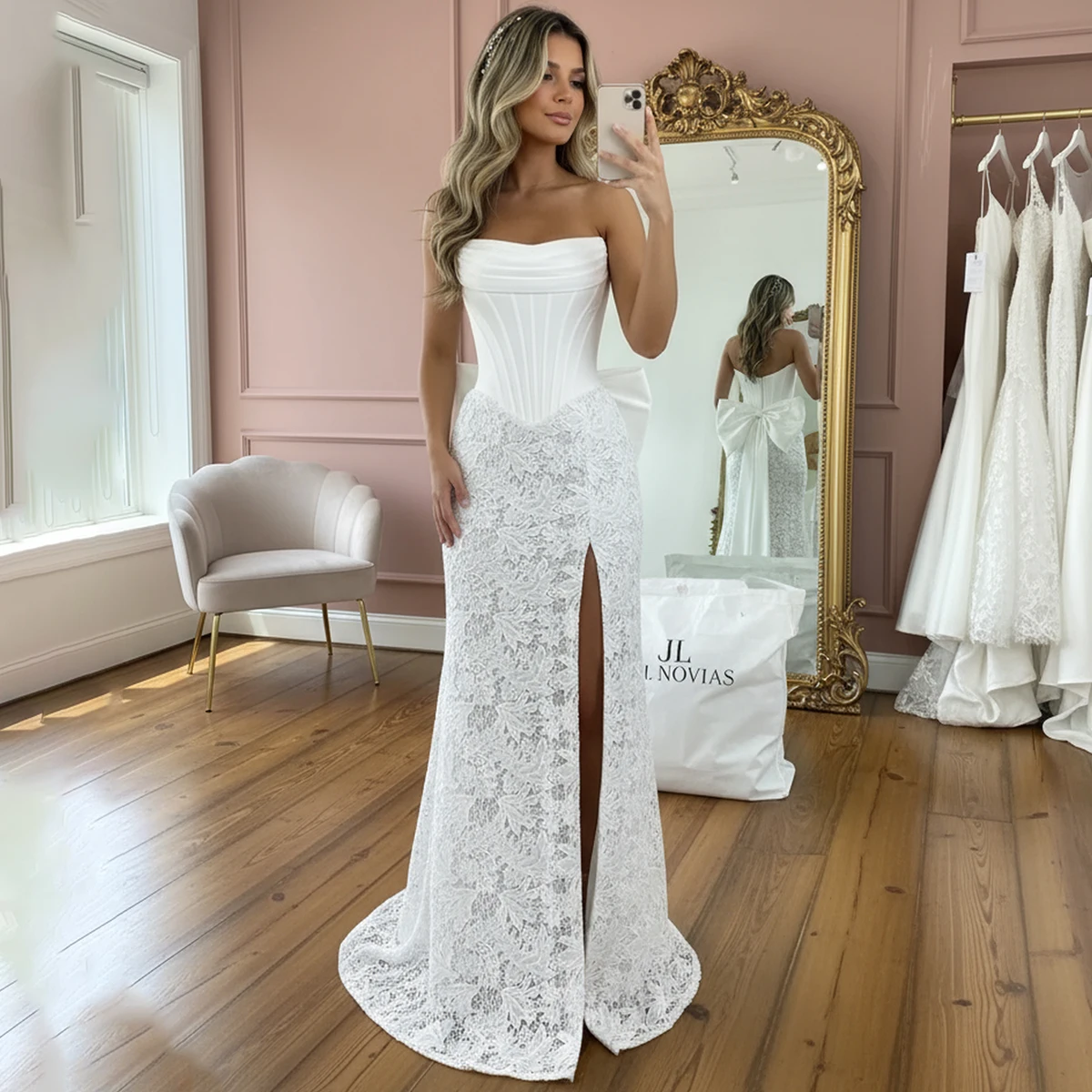 

Romantic Satin Lace Mermaid Wedding Dresses With Slit 2025 Strapless Sheath Bridal Party Gown With Bow Vestidos Novia