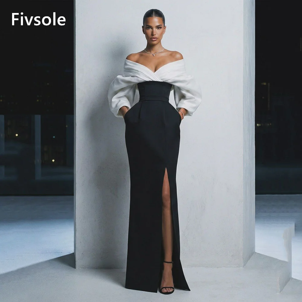 Fivsole Black‑White Mermaid Evening Dress Puff Long Sleeve Chiffon Prom Dresses Slit Formal Party Gown Customized