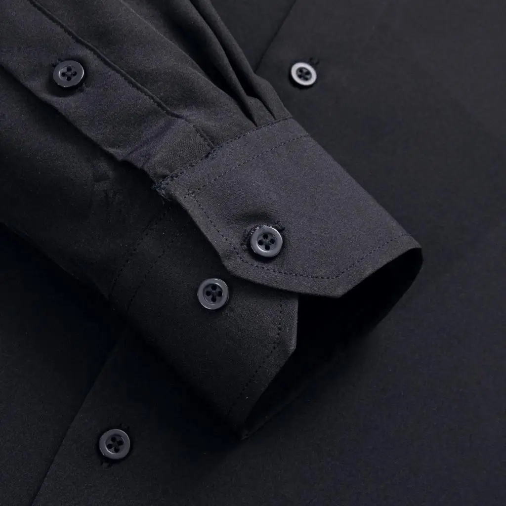 Hi-Tie Pure Black Silk Mens Shirts Plain Smooth Long Sleeve Formal Dress Blouse for Male Wedding Business Events Oversized Gift