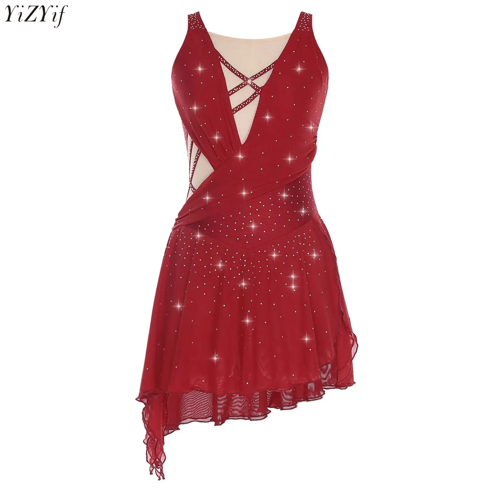 

Womens Ballet Lyrical Dance Dress Rhinestones Straps Backless Side Slit Flowy Asymmetrical Hem Crotch Press Buttons Briefs Dress