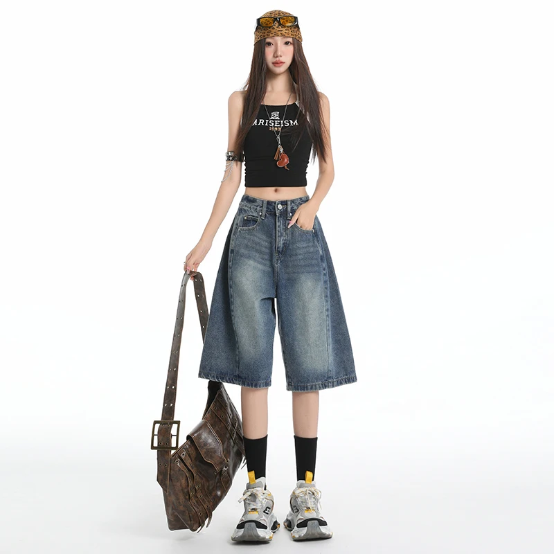 

Y2K Street Vintage Drop Waist Slant Pocket Washed Cat Whisker Wide Leg Jorts Bermuda Denim Shorts
