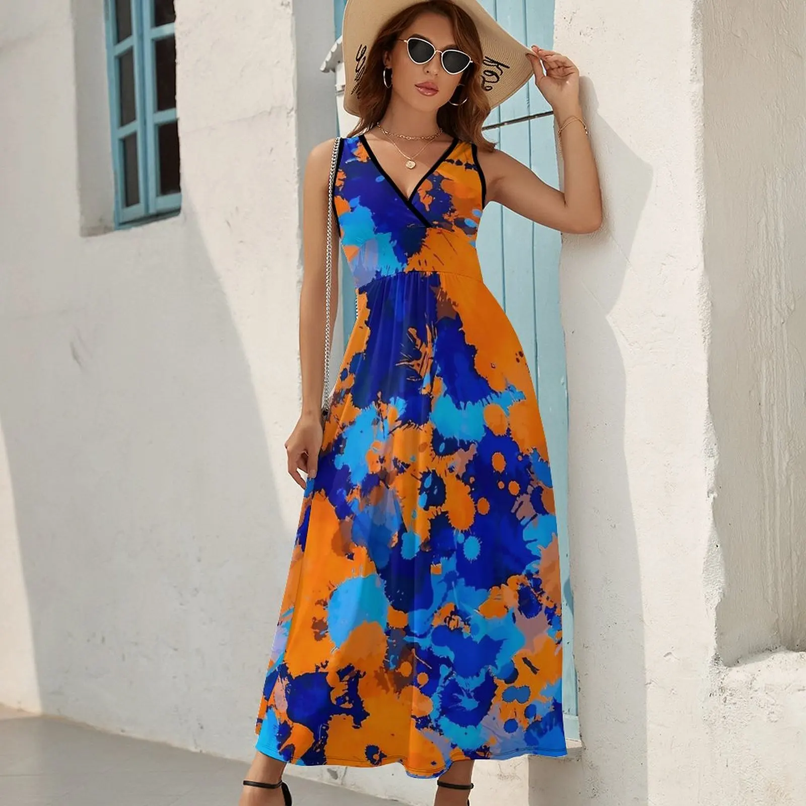 Blue And Orange Graffiti Dress Summer Paint Splatter Streetwear Boho Beach Long Dresses Womens High Waist Vintage Maxi Dress