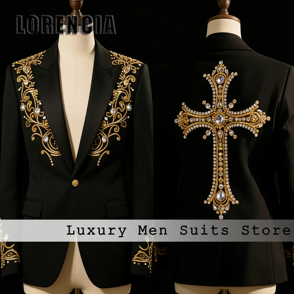

Luxury Crystal Male Suits 2 Pieces Embroidery Tuxedos Set Wedding Party Outfit 2025 Customized Blazer Pants costume homme luxe