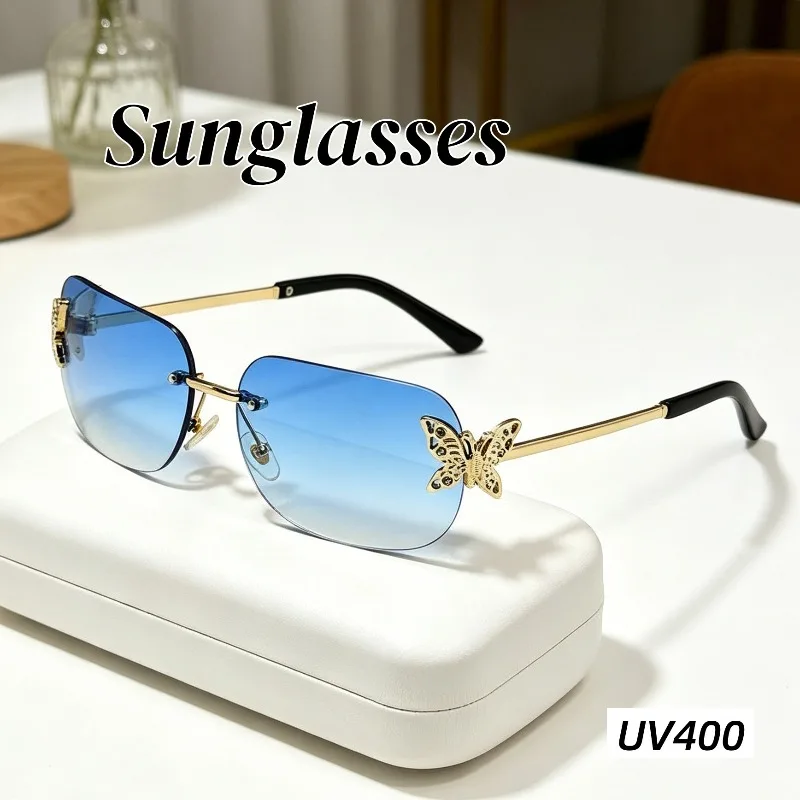 

New Fashionable Rimless Diamond Inlaid Butterfly Sunglasses Women HD Ultra Light UV400 Eyeglasses Luxury Street Style Eyewear