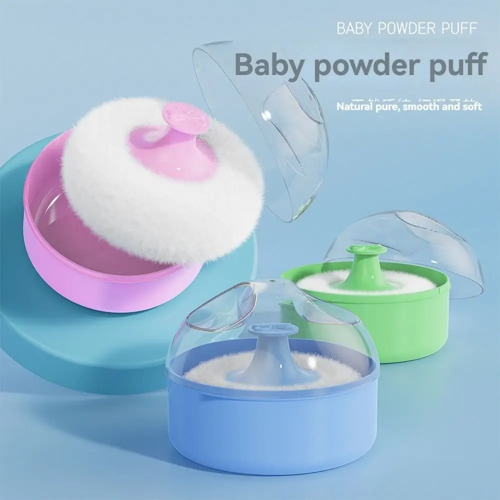Con contenedor, esponja de polvo para bebé, lana de algodón, azul, verde, rosa, caja de polvo suelto vacío, esponja de polvo cosmética para el cuerpo