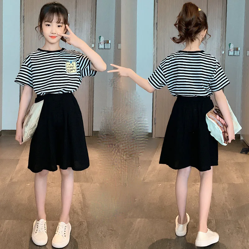 

Children Girls clothing Set Summer New Korean Black Wide Leg Trouser Set Short Sleeve Striped Pullover Kids clothes Sets