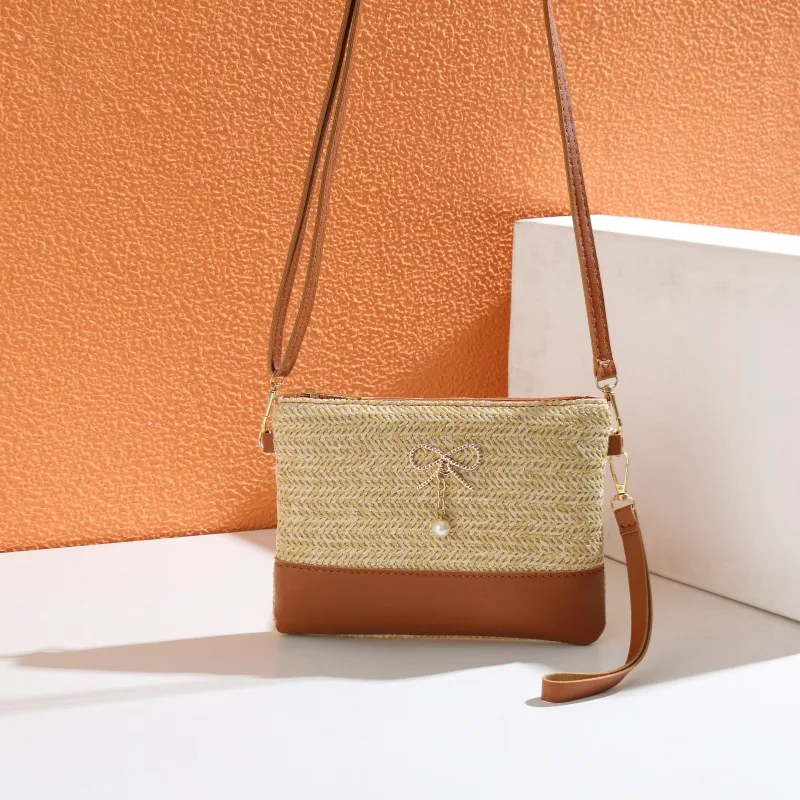 Exquisite Braided Straw Crossbody Bag For Vacation/Travel, Bow Women's Shoulder Bag With Strap, Lady Clutch Handbags And Purses