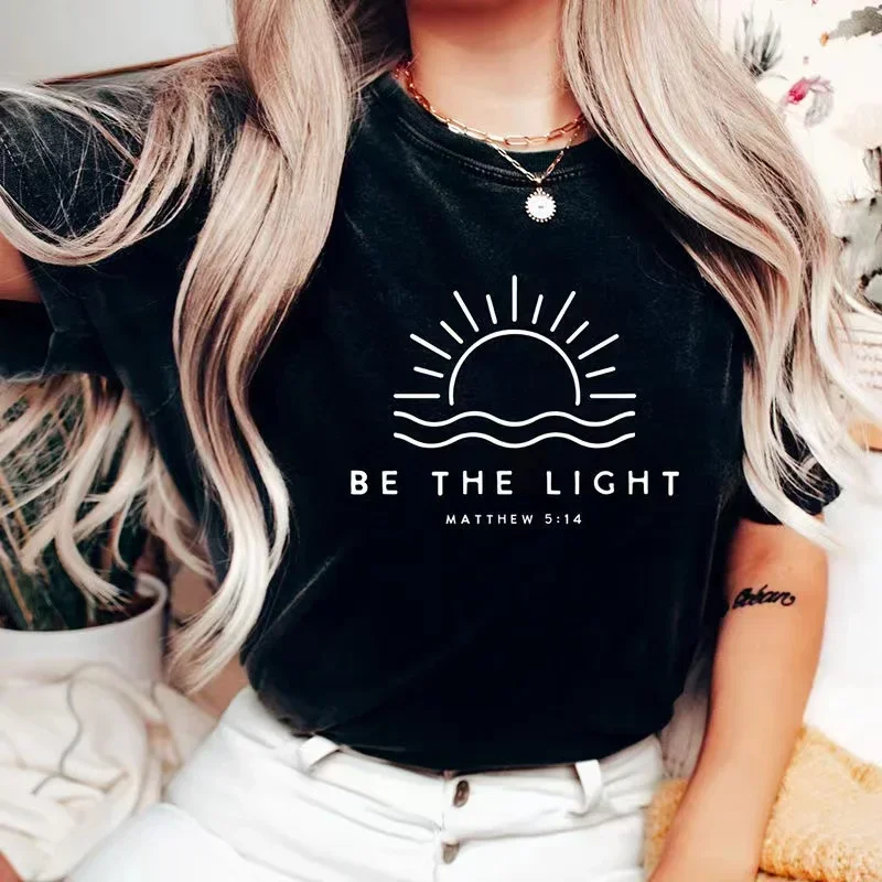 

Лето 2022, последняя женская футболка Be The Light из чистого хлопка с вдохновляющим письмом, креативная женская футболка из чистого хлопка с короткими рукавами