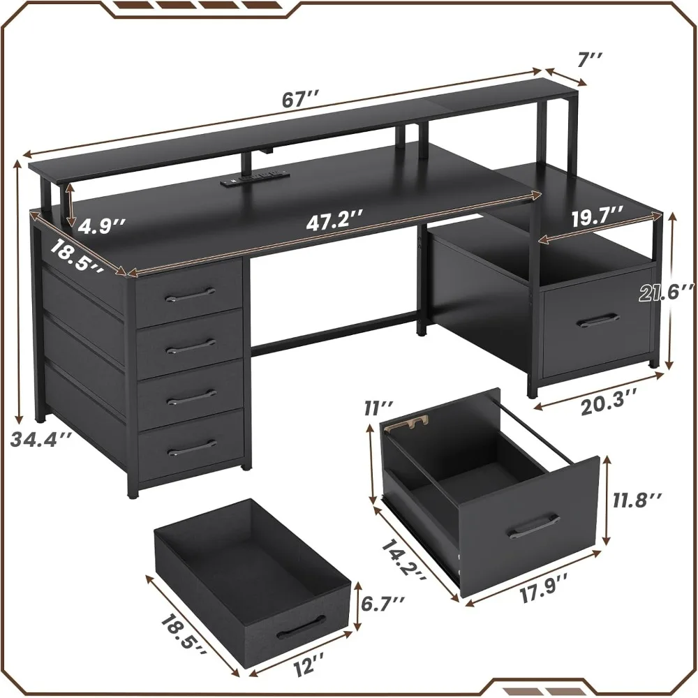 Computer Desk with 5 Drawer, Power Outlet & Led Lights, 66'' Home Office Desk with File Drawer, Storage, Monitor Shelf