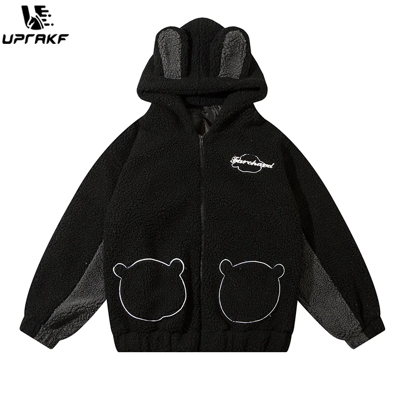 UPRAKF Cute Rabbit Warm Winter Long Sleeve Patchwork Outwear Chic Loose Zippers Pocket Coat Harajuku Fall Hoodie