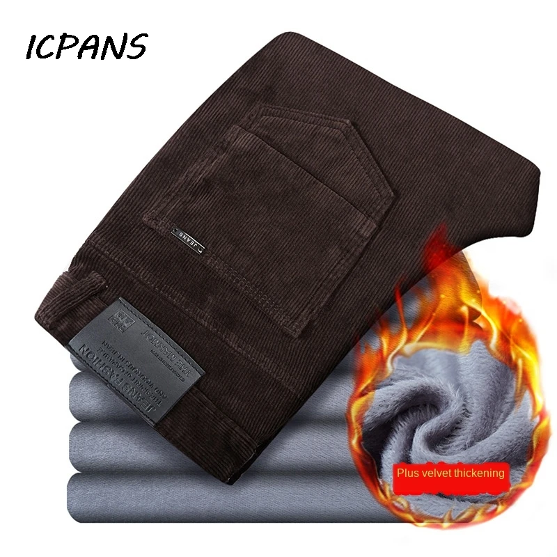 ICPANS Fleece Velvet Corduroy Trousers Thicken Warm Winter Pants Men Straight Slim Casual Pant 2020 Winter