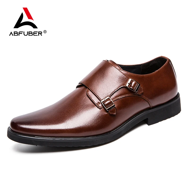 

Classic Monk Leather Men Shoes Double Buckle Slip On Round-toe Convenient Dress Leather Shoes Business Wedding Shoes For Man