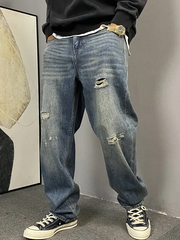 Retro Washed American Casual Cool Men's Straight Leg Loose Fit Jeans Large Size Wide Leg Pants Versatile Casual Cotton Denim