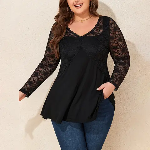 Plus Size Women's Sexy Solid Lace Spliced V-Neck Long Sleeve Blouse Tunic Tops Spring Autumn Slim Fit T Shirts Pullover 1XL-6XL