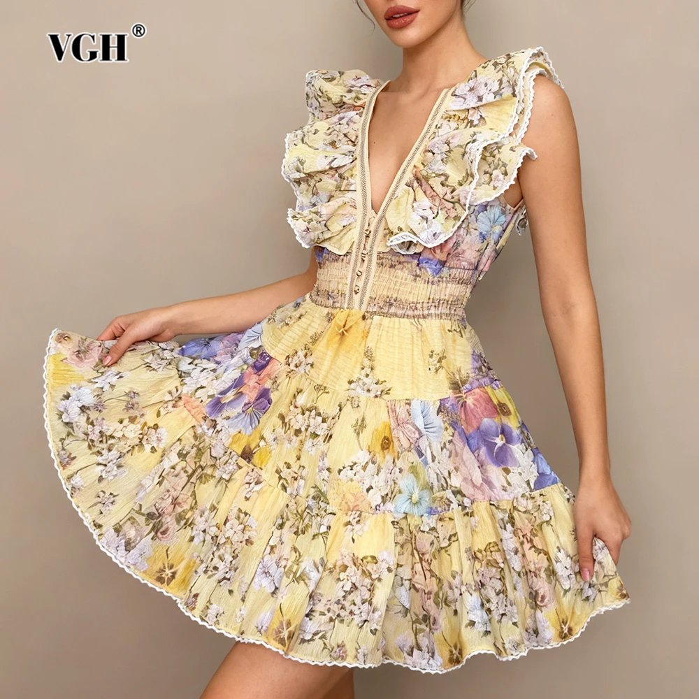 

VGH туника с цветочным принтом и оборками, платья для женщин, однобортное сексуальное короткое платье с v-образным вырезом и летящими рукавами в стиле пэчворк, женское новое
