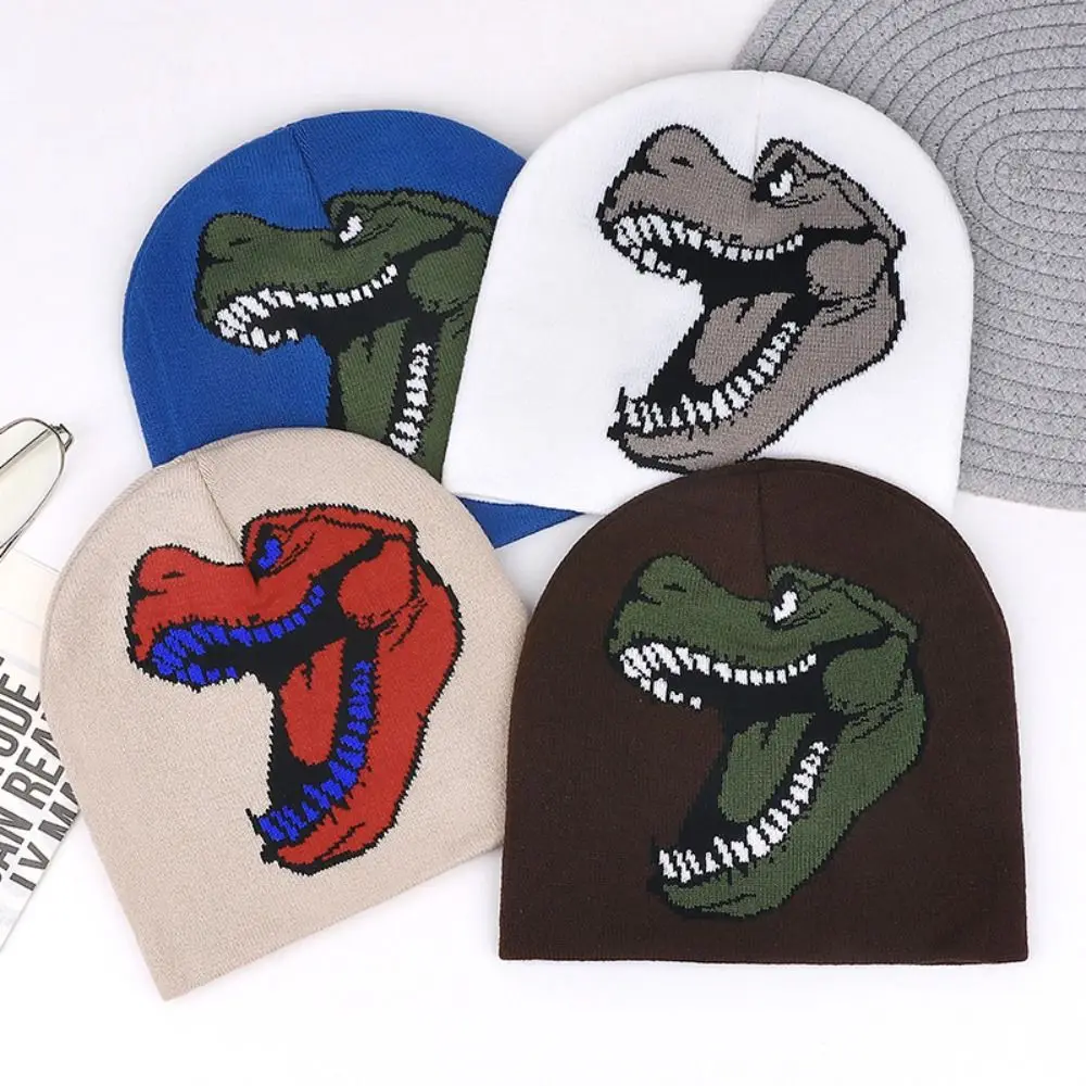 New Knitted Dinosaur Beanie Warm Dinosaur Pattern Winter Beanie Stretch Fit Pullover Pullover Knit Cap for Adults