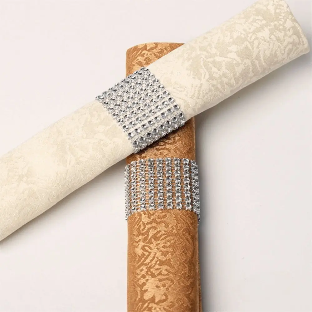 50 PCS Plastic Napkin Rings 8 Rows Silver Gold Napkin Holders Diamond Mesh Wrap Adjustable Rhinestone Napkin Rings Dinner Table