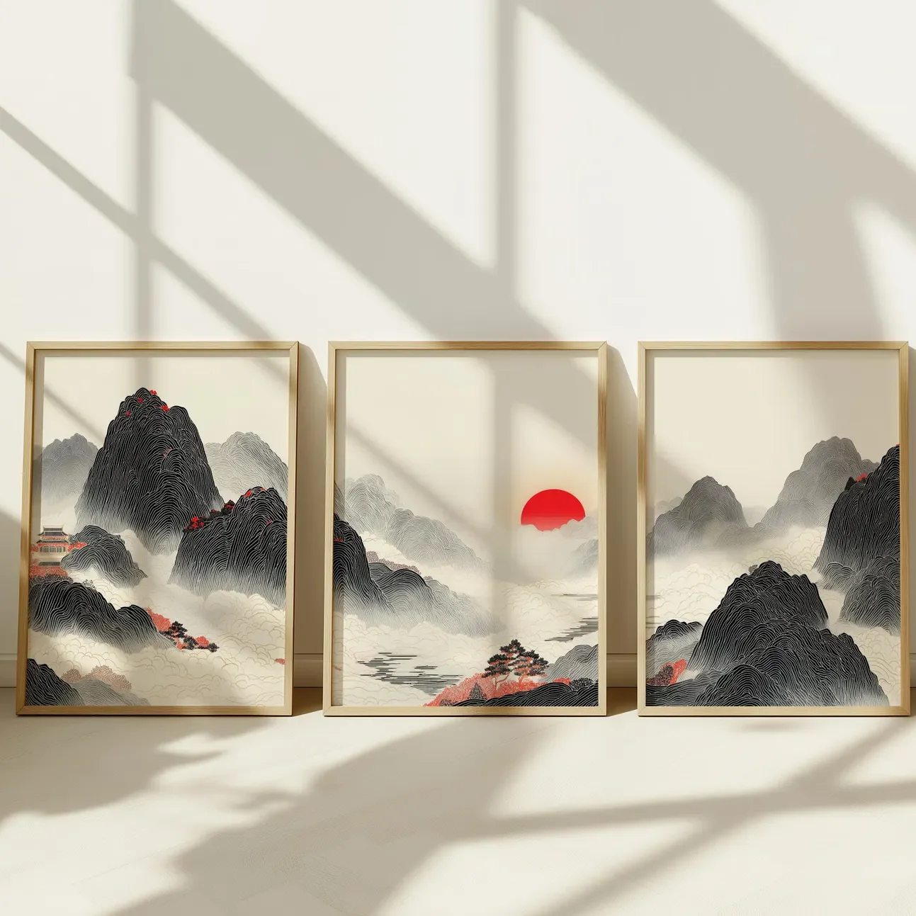 3pcs frameless Canvas Painting 3PCS Chinese Zen Landscape Poster Japanese Wall Art Birds and Clouds Landscape Paint Canvas Paint