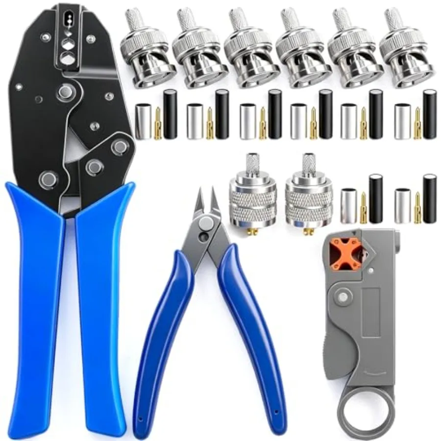 

Coaxial Cable Tool Kit, BNC Crimp Tool with 8PCS BNC/UHF Crimp Male Connectors 1PCS Coaxial Cable Stripper 1PCS Wire Cutter for