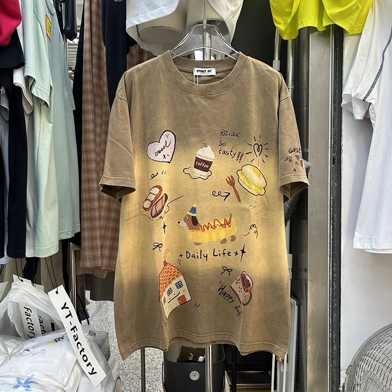 

adient Color Blo Mid-Length ort-Sve Women's T-irt Vintage American Sle Crew Ne Faionable Trendy