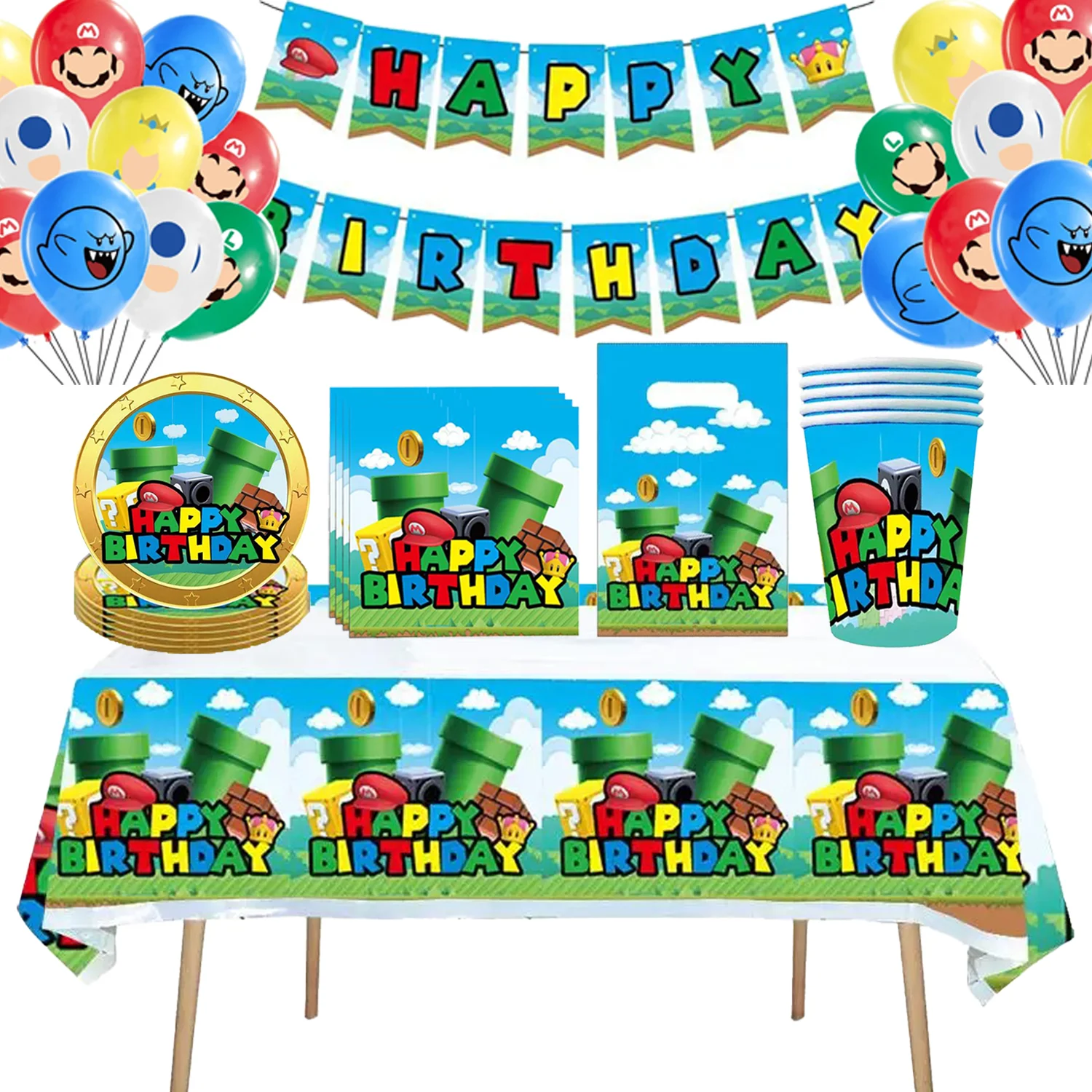 Super Mario Bros Disposable Tableware Tablecloth Cup Plate Napkin Coin game Baby Shower Waterproof Kids Party Supplies Toy