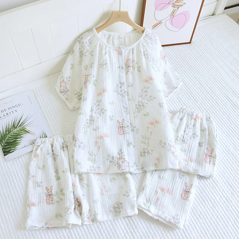 

Spring Summer Women's Pajama Set 100% Cotton Short-sleeve Pants Suit Cute Sweet Home Fury 3 Pieces Sleepwear Pijama Clothing